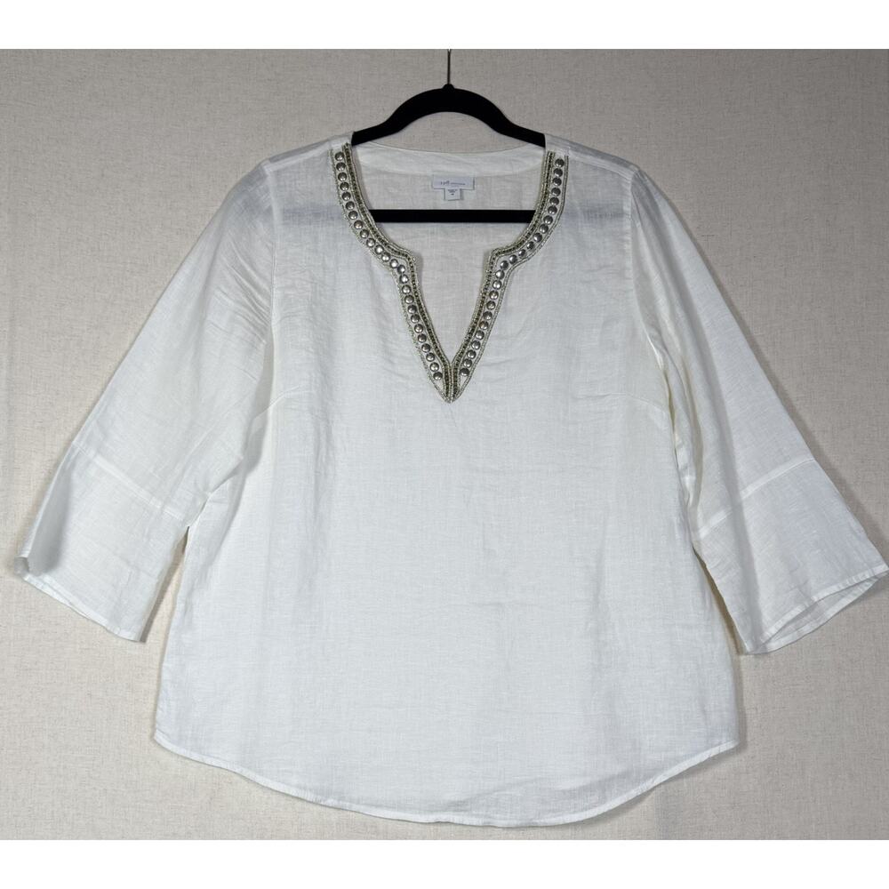 J Jill Love Linen Tunic Top‎ 100% Linen Beaded Detail Size Medium